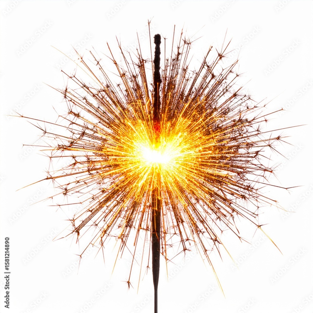 Obraz premium Bright Golden Sparkler Celebration with Intense Glowing Burst on White Backdrop