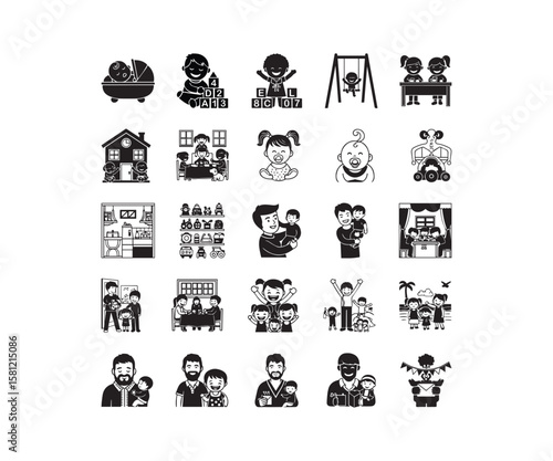 Family & Childhood Black Icon Set: Babies, Kids, Home & Parenthood