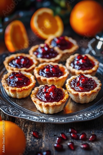Wallpaper Mural Small, golden-brown tarts filled with a vibrant red jam, topped with pomegranate seeds.  Fresh oranges are visible in the background Torontodigital.ca