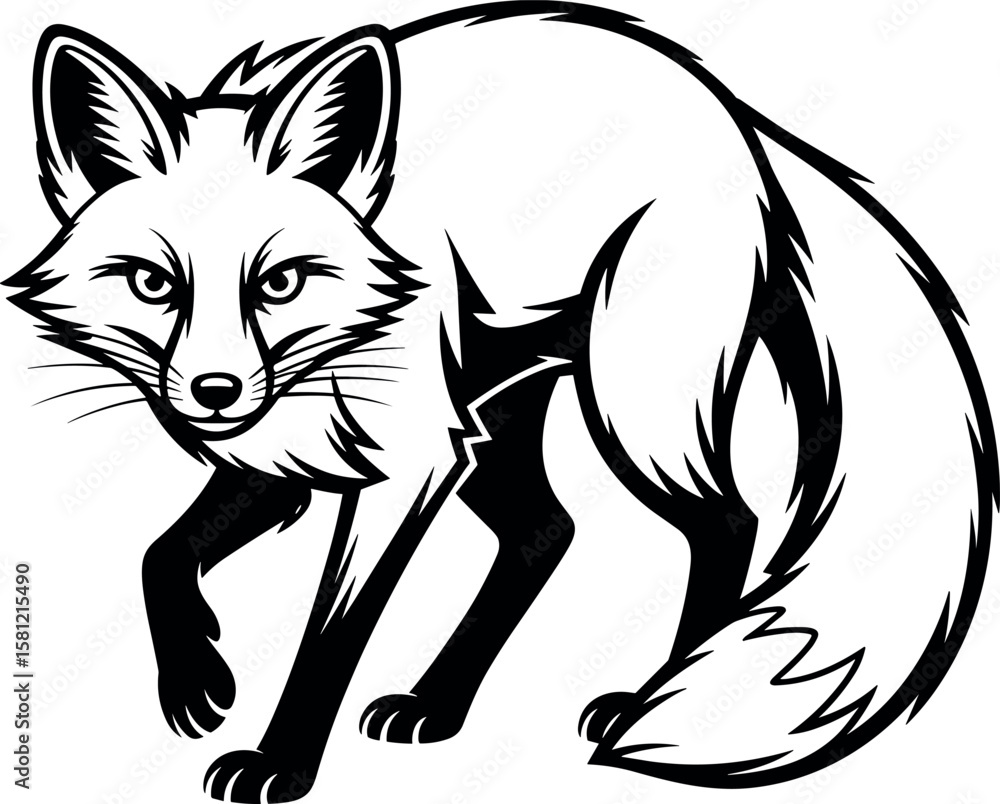 Fototapeta premium Black and White Fox Stalking Graphic Illustration red fox
