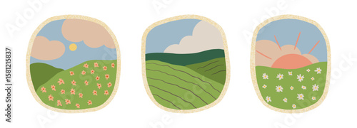 A set of cute cartoon landscapes. Simple hand-drawn nature illustrations.