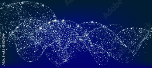 Swirling, luminous wave of shimmering blue glitter and tiny sparkling stars mesmerizing abstract vector background. Deep navy blue backdrop.