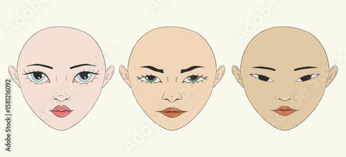 Set of modern portrait, female faces. 