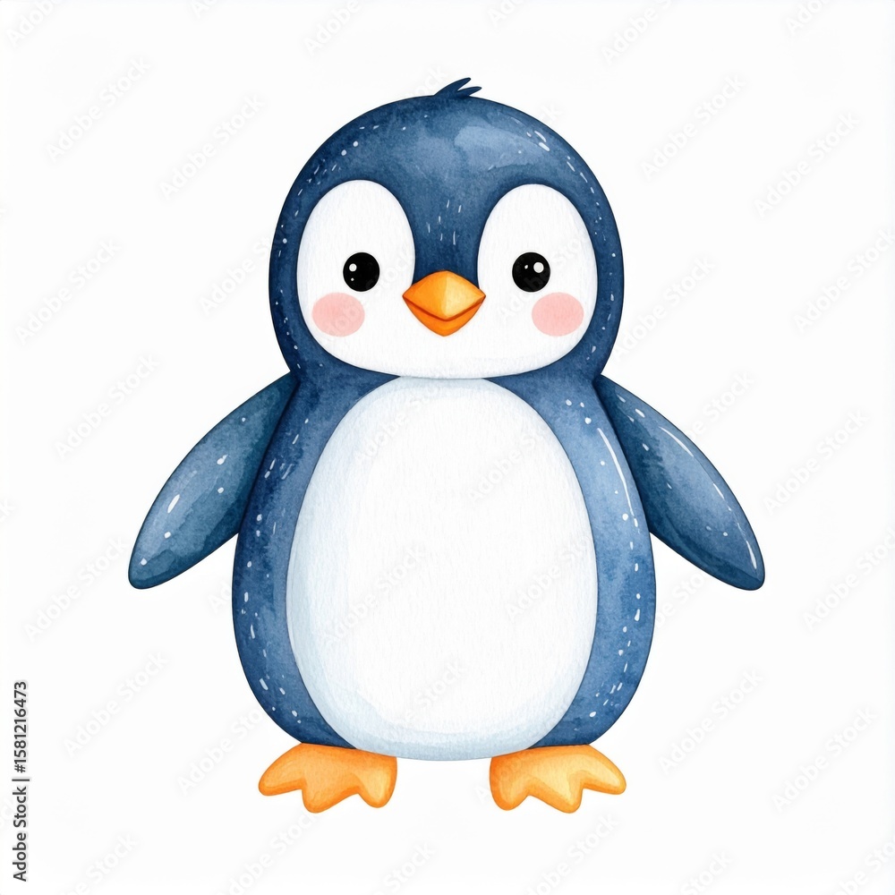 Fototapeta premium Watercolor Illustration of Adorable Blue Penguin with White Background