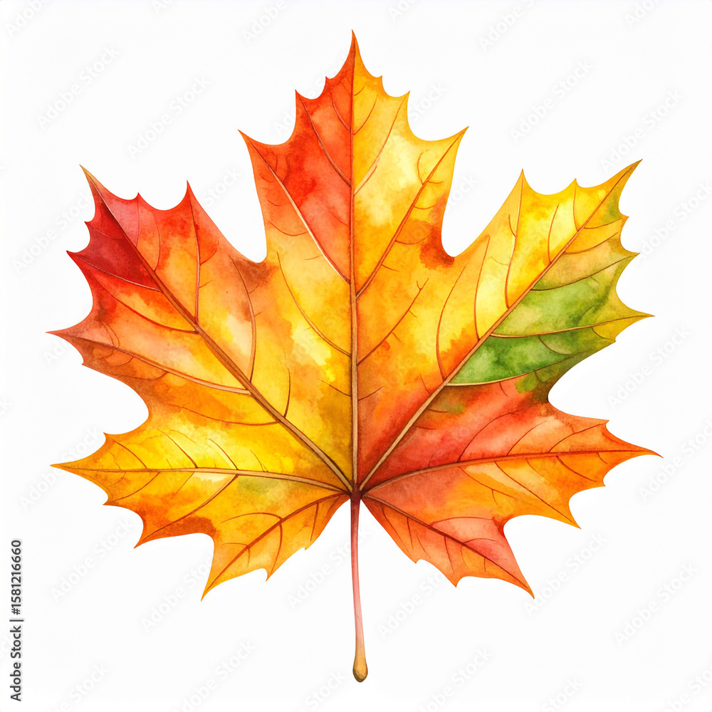 Fototapeta premium Watercolor Maple Leaf in Autumn Colors Isolated on White Background