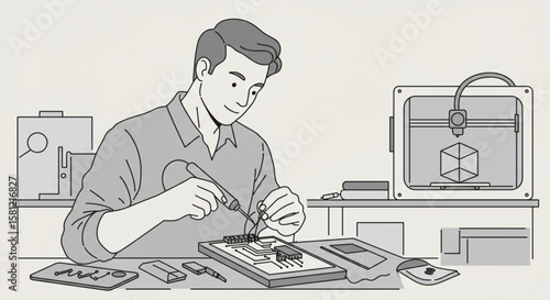 Male engineer developing new technology, soldering a circuit board with a 3D printer for prototyping in a workshop.
