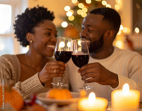 Young Couple Toasting with Wine on Thanksgiving Evening

