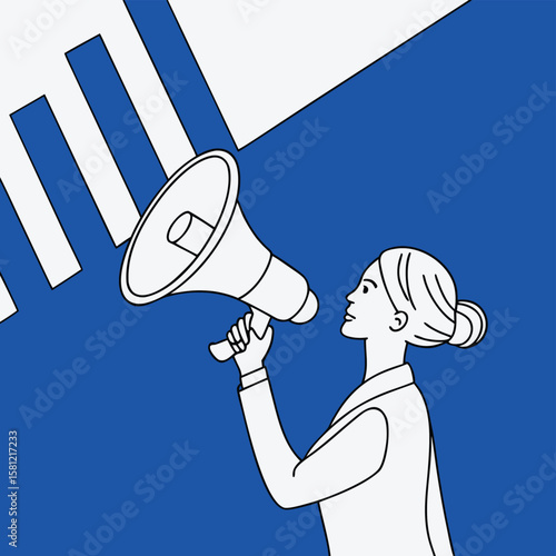 Woman with megaphone vector illustration on blue background with white graphic elements speaker announcement