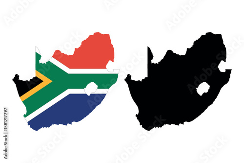 South africa map outline with national flag colors and black silhouette