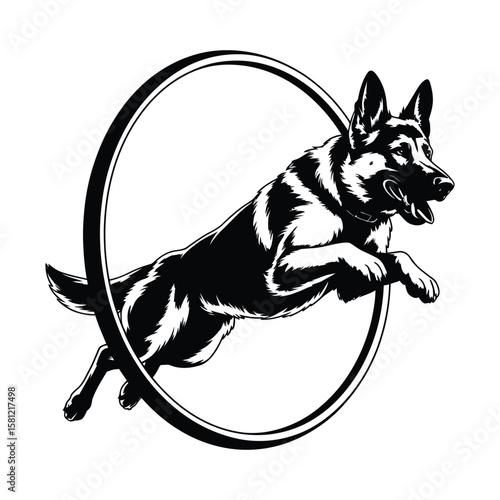 German Shepherd jumping through a hoop silhouette in action motion style, isolated black and white vector illustration
