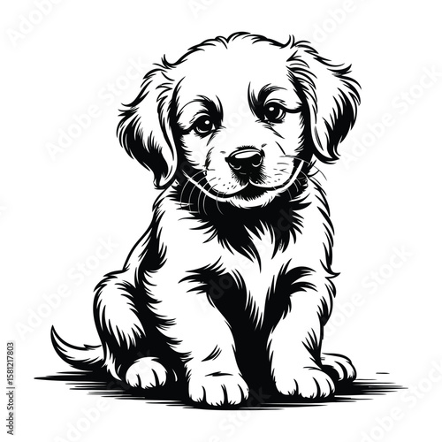 Golden Retriever puppy silhouette with small body, floppy ears, and cute pose, isolated black and white vector illustration