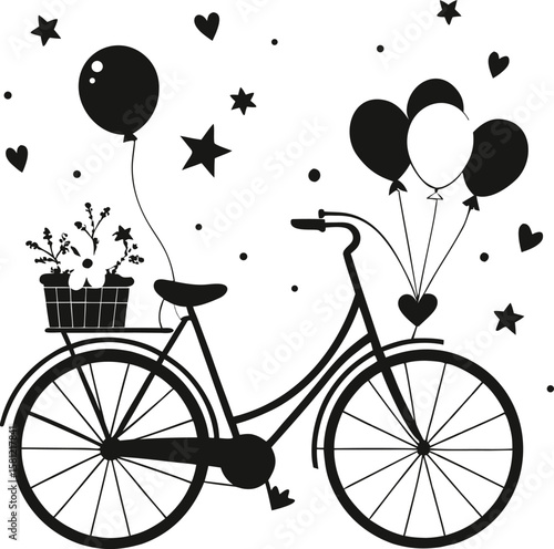 Bicycle with flowers and balloons and hearts and stars basket