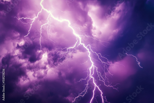 Lightning bolt frozen in time striking metallic surface, electric purple and white energy discharge, dramatic storm clouds 