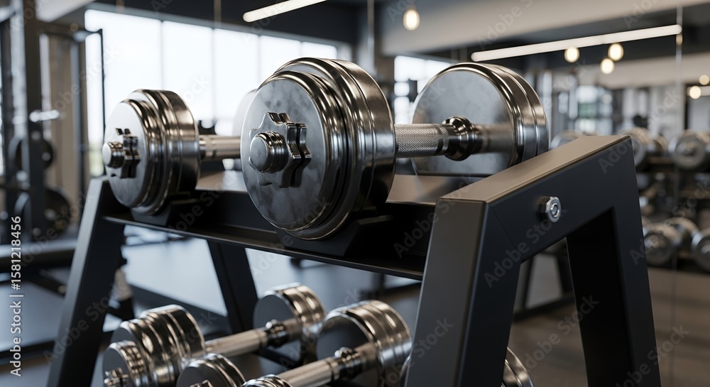 Fototapeta premium Closeup of Chrome Dumbbells on Rack in Gym Setting