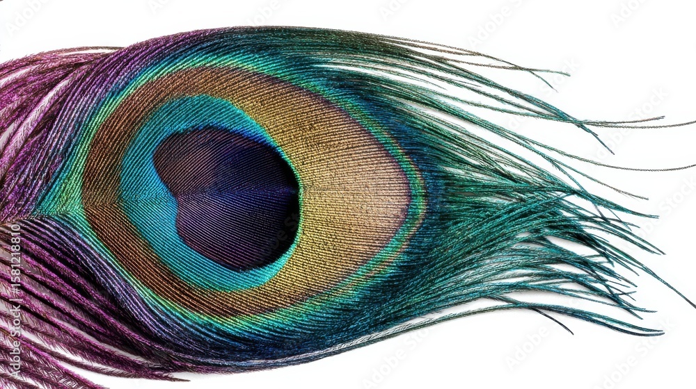 Fototapeta premium Vibrant Peacock Feather on Pristine White Background with Ample Copy Space