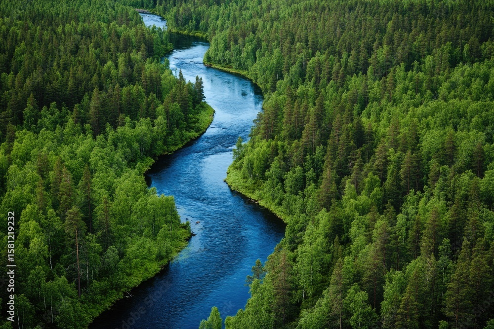 Fototapeta premium Lush river winding through dense forest