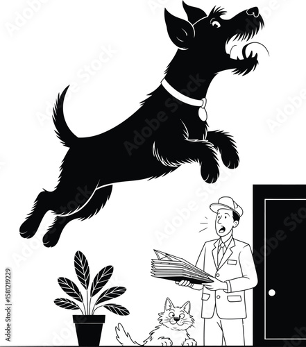 Minimalist vector of a terrier silhouette barking mid-leap at startled mailman with fluffy cat hiding behind plant, black and white