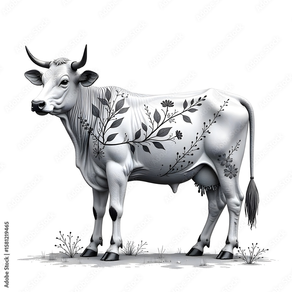 Fototapeta premium Detailed cow figure with plant textures high resolution picture