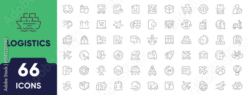 Logistics Line Icon Set. Set of 66 outline icons including supply chain, delivery, inventory, value chain, shipping, warehouse, and manufacturing. Editable stroke. Linear vector illustration.