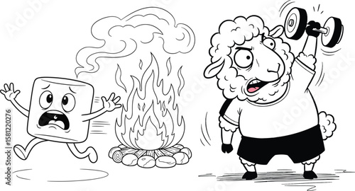 Marshmallow fleeing campfire while sheep lifts dumbbell smoke running