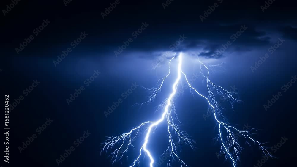Vivid blue lightning bolt striking a dramatic dark night sky filled with storm clouds during a powerful electrical thunderstorm, showcasing raw natural energy.