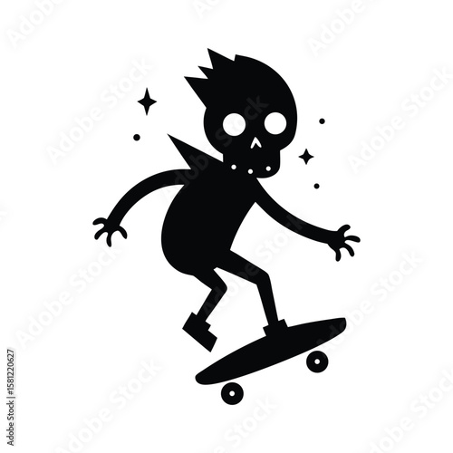 Skeleton riding skateboard with flying sparks Halloween silhouette Vector illustration