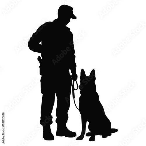 Silhouette vector of K9 unit German Shepherd with handler in police or military concept, isolated black and white