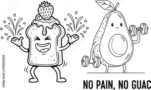 Joyful toast with strawberry and avocado lifting weights dumbbells