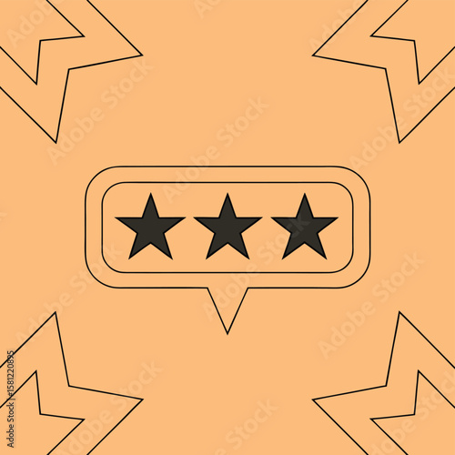 Black star rating graphic with three stars inside a speech bubble on a peach background with star shapes