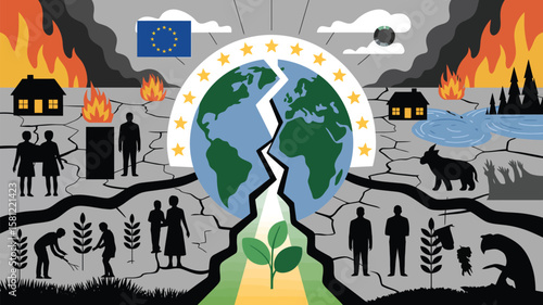 Conceptual Illustration for EU Day for the Victims of the Global Climate Crisis – Fractured Earth, Floods, Fires, Refugees, Protest Signs, Half-Mast EU Flag, and Hope Amid Climate Destruction