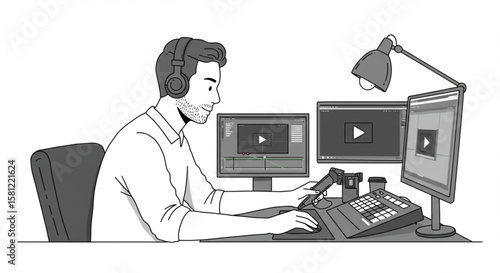 Male content creator editing footage on a multi-monitor computer with a control surface. Vector illustration of a creative professional at work.