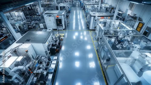 High angle view of engineers in protective suits discussing production processes in a modern semiconductor manufacturing factory, showcasing advanced technology and innovation