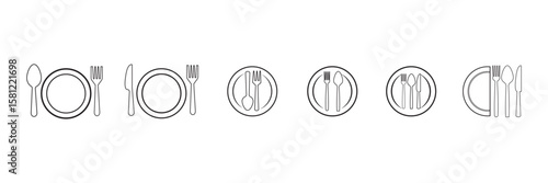  Spoon, fork, knife and plate icon set in line. Menu symbol. Restaurant icon. Tableware Vector illustration. EPS10