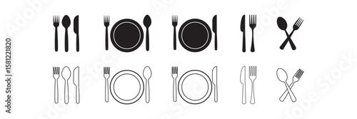  Spoon, fork, knife and plate icon set in line. Menu symbol. Restaurant icon. Tableware Vector illustration. EPS10