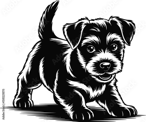 Terrier puppy silhouette in playful crouch with wagging tail, isolated black and white vector illustration