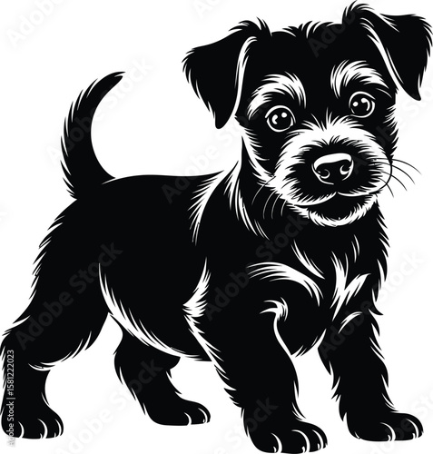 Terrier puppy silhouette in playful crouch with wagging tail, isolated black and white vector illustration