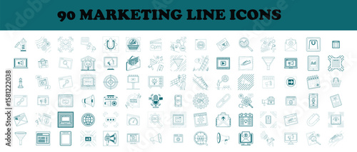 Teal and White Marketing Icons Set on White Background with Text Overlay line outline