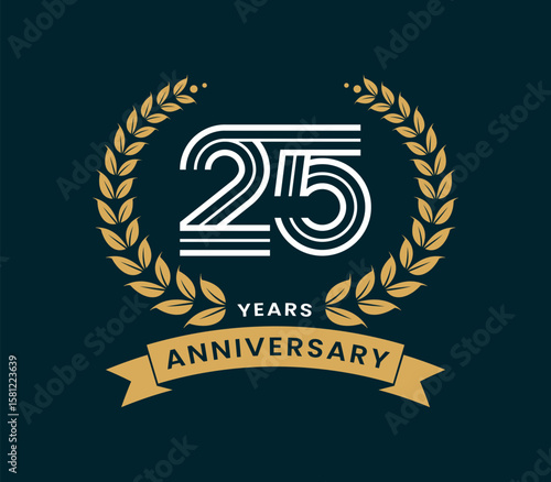 25 Years Anniversary with laurel wreath design vector illustration. Unique 25 years logo design template. In gold color