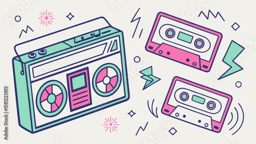 Retro boombox with two cassette tapes and decorative elements in a vibrant color palette design style