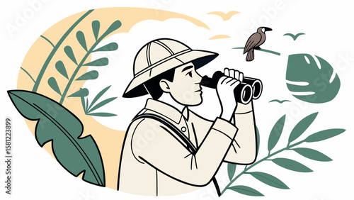 Man with pith helmet looking through binoculars surrounded by tropical foliage and birds in the sky