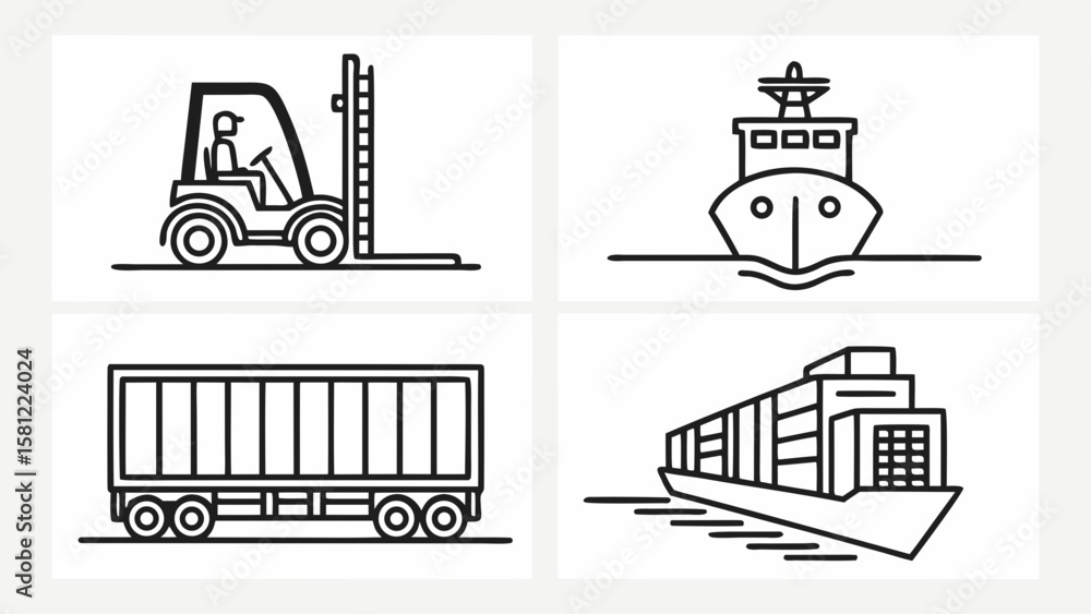 Fototapeta premium Illustration showing a forklift, cargo ship front view, trailer truck, and a container ship side view