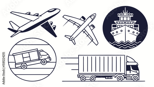 Illustration depicting various modes of transportation including planes, trucks and a ship icon design