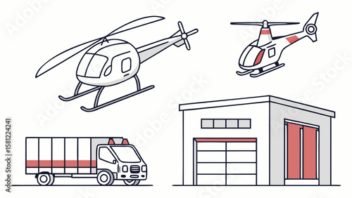 Illustration of helicopters, a truck, and a building with red accents on a white background