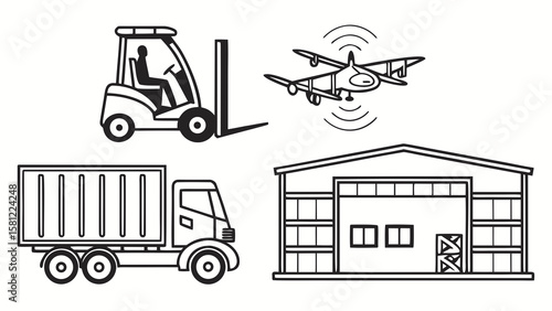 Illustration showing a forklift, truck, warehouse, and a drone for logistics and transportation needs