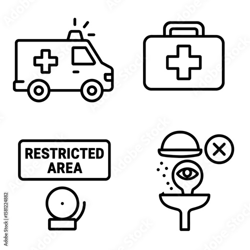 A collection of essential line icons depicting emergency services, medical first aid, restricted access warnings, and crucial eye wash safety procedures.