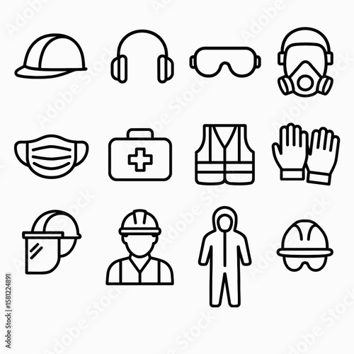 Vector line drawing showcases a collection of essential personal protective equipment, including a hard hat, safety glasses, and respirator, against a clean white backdrop.