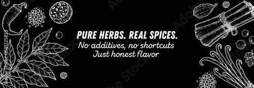 Classic black and white vector of spice elements drawn in an engraving style. Ideal for elegant culinary branding, organic product labels, and high-end restaurant identity.