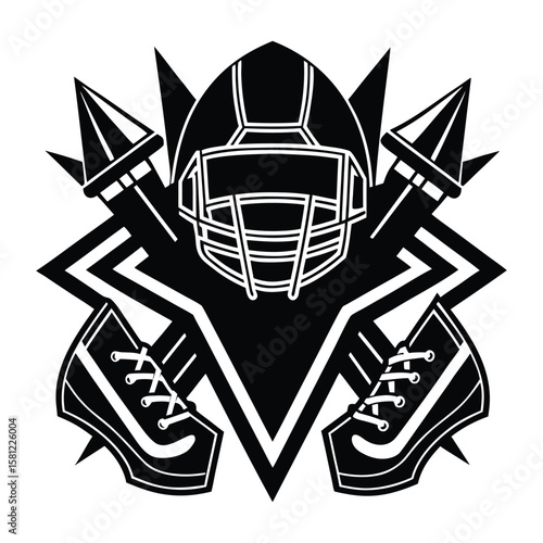 American football helmet and cleats emblem with sharp geometric shapes silhouette