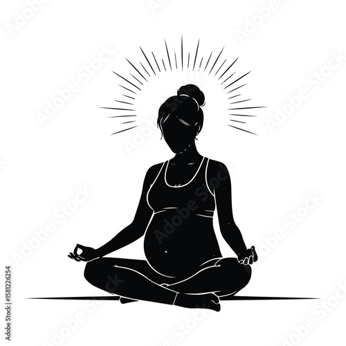 Pregnant woman meditating in lotus position with sunburst halo silhouette