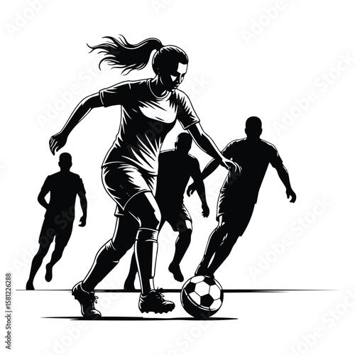 Dynamic female soccer player dribbling past opponents silhouette